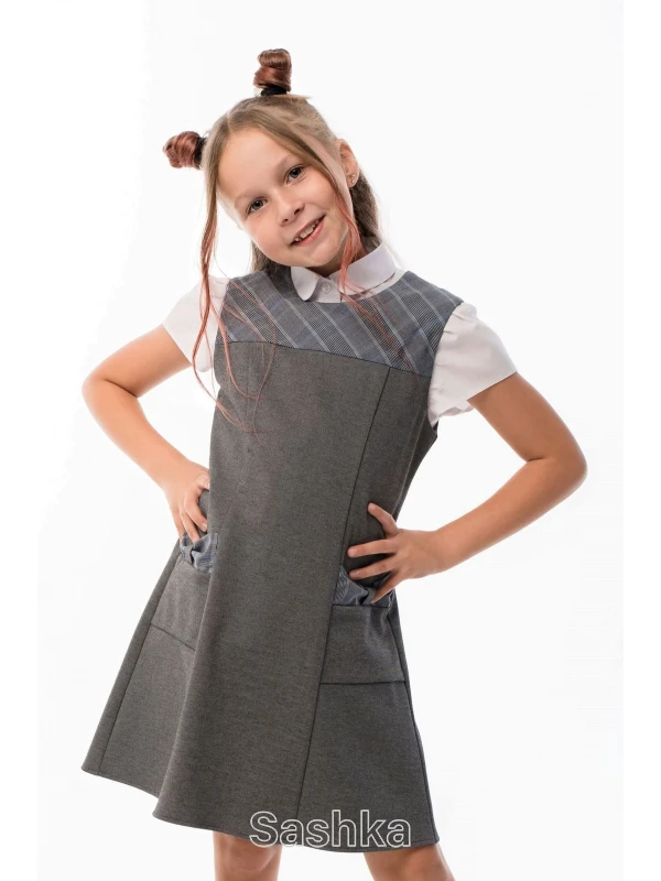 Сарафан для дівчинки Sashka шкільний трикотажний сіро-блакитна клітинка, розмір 116-158